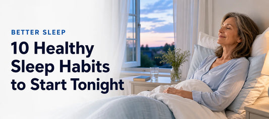 Blog header: 10 Healthy Sleep Habits to Start Tonight, with a woman resting peacefully in a calm, softly lit bedroom
