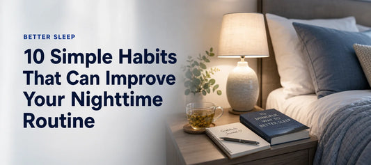 Blog header: 10 Simple Habits That Can Improve Your Nighttime Routine, with a lamp-lit bedside table holding herbal tea, a notebook and a book