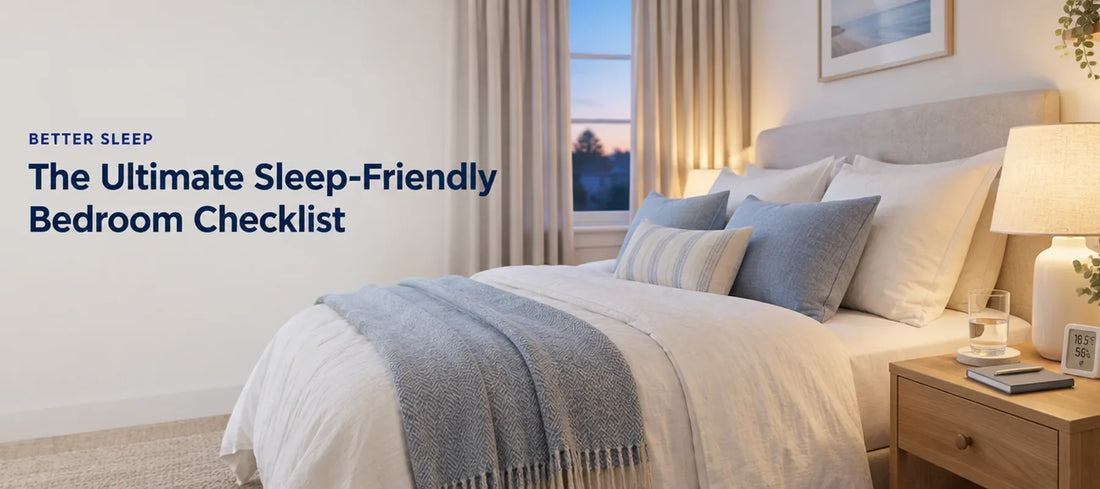 A calm, softly lit bedroom with light layered bedding, lined curtains, a bedside lamp and a glass of water, with the text The Ultimate Sleep-Friendly Bedroom Checklist
