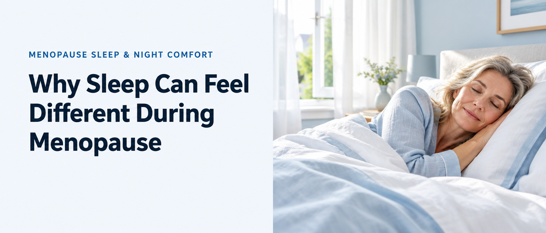 Blog header: Why Sleep Can Feel Different During Menopause, with a woman resting in a calm bedroom