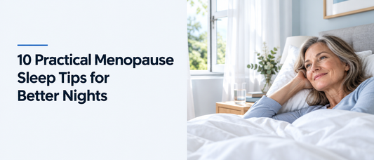 Blog header: 10 Practical Menopause Sleep Tips for Better Nights, with a woman resting in a calm, cool bedroom
