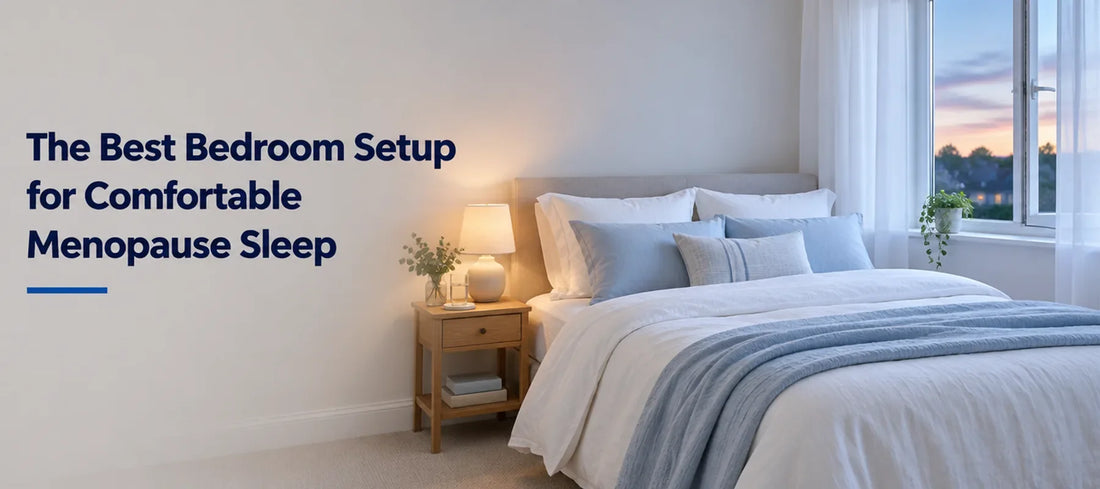 A calm, softly lit bedroom with light layered bedding, a bedside lamp and a glass of water, set up for comfortable sleep
