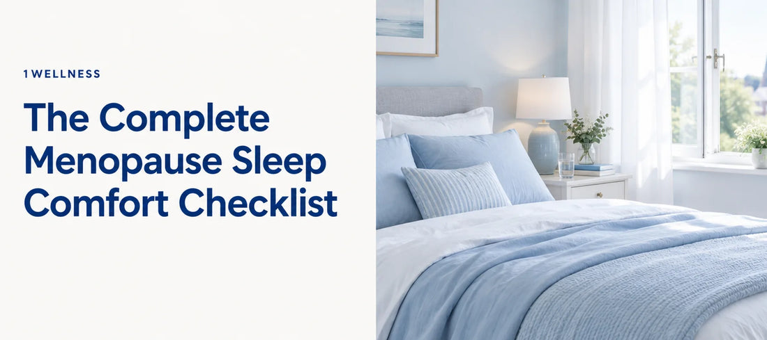 Blog header: The Complete Menopause Sleep Comfort Checklist, with a calm light blue and white bedroom