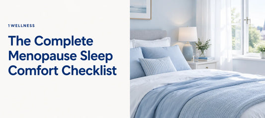 Blog header: The Complete Menopause Sleep Comfort Checklist, with a calm light blue and white bedroom