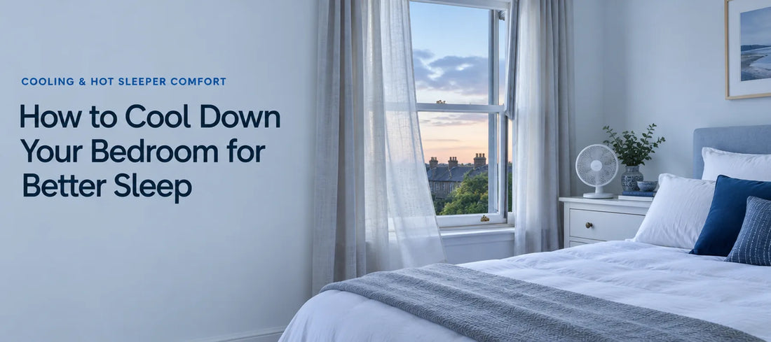 A calm, airy bedroom with light curtains, a window slightly open and a small fan beside a bed with light bedding, with the text How to Cool Down Your Bedroom for Better Sleep