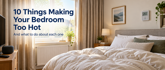 Warm bedroom with heavy curtains, a thick duvet and a thermometer on the wall, with the text 10 Things Making Your Bedroom Too Hot