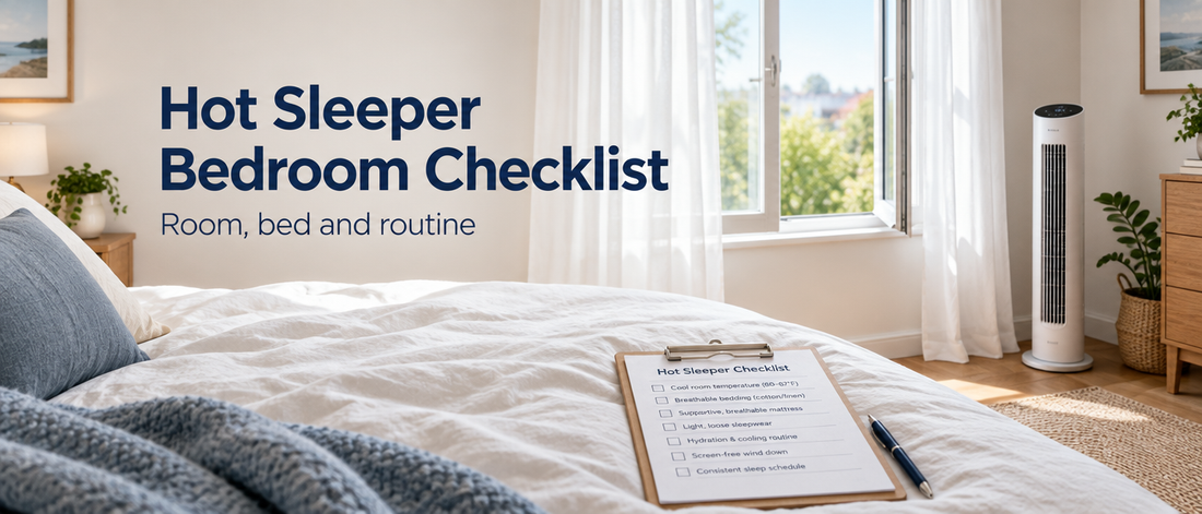 Serene bedroom with light bedding, open window, tower fan and a checklist, with the text Hot Sleeper Bedroom Checklist