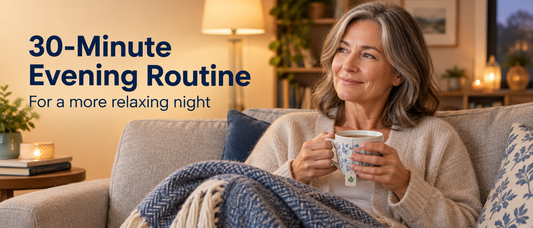 Woman with herbal tea on a sofa in a lamp-lit living room, with the text 30-Minute Evening Routine