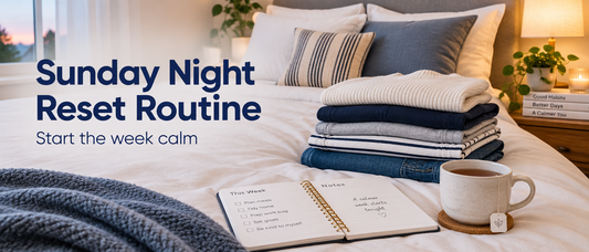 Tidy bedroom on Sunday evening with folded clothes, a planner and tea, with the text Sunday Night Reset Routine