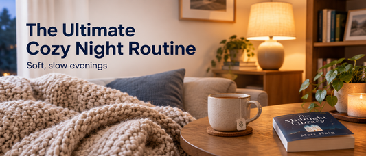 Cosy living room with a knit throw, tea, book and lamp, with the text The Ultimate Cozy Night Routine