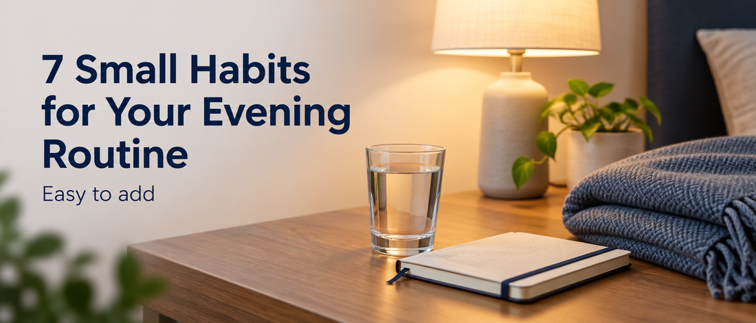 Glass of water, notebook, folded blanket and lamp on a tidy table, with the text 7 Small Habits for Your Evening Routine