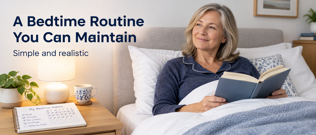 Woman relaxed on a bed with a book and a habit tracker notebook, with the text A Bedtime Routine You Can Maintain