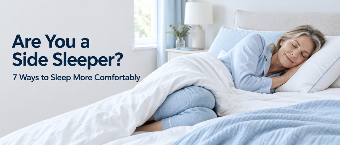 Woman sleeping on her side with a cushion between her knees, with the text Are You a Side Sleeper? 7 Ways to Sleep More Comfortably
