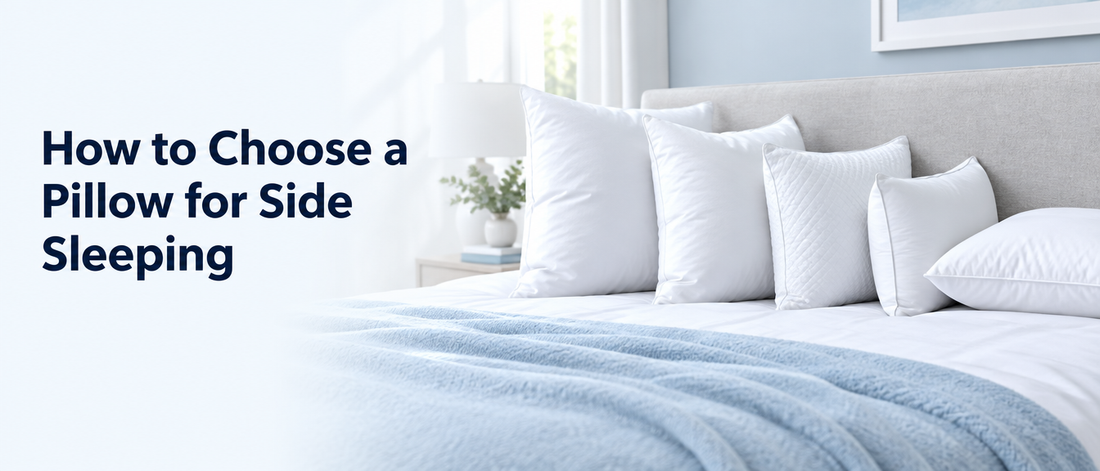 White pillows of different heights lined up on a bed, with the text How to Choose a Pillow for Side Sleeping