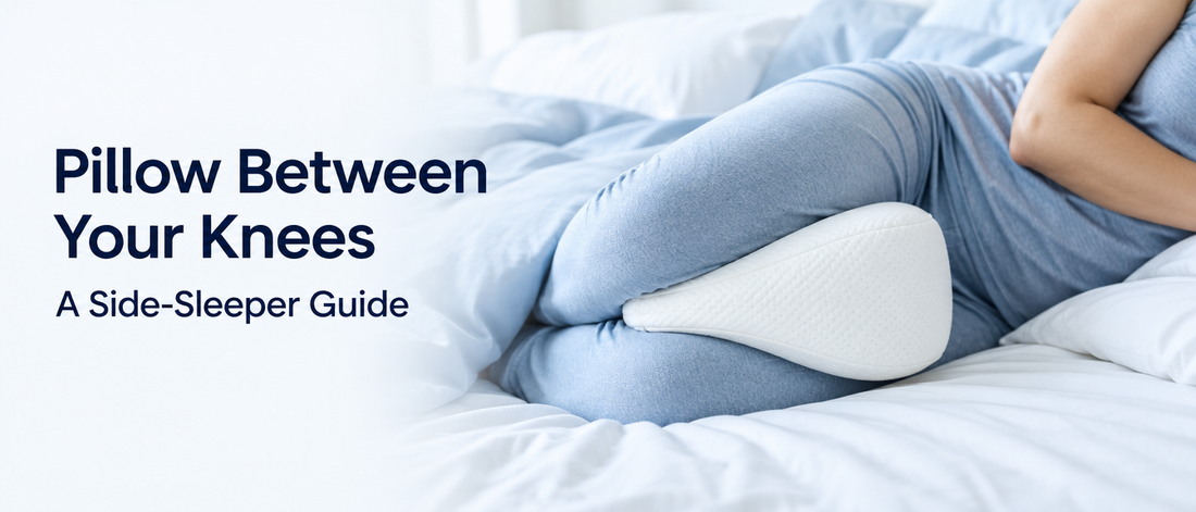 Contoured pillow between the knees of a side sleeper, with the text Pillow Between Your Knees: A Side-Sleeper Guide