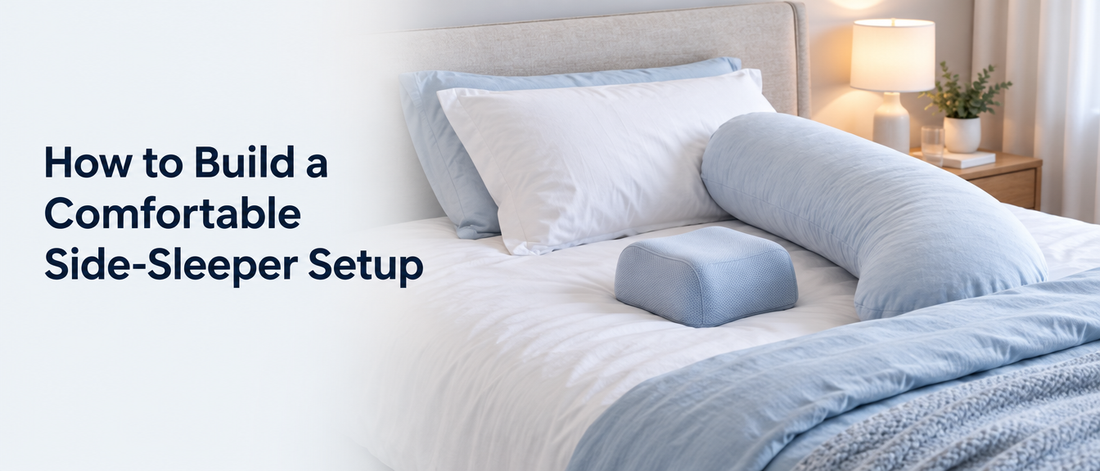 Bed set up with a head pillow, knee pillow and hug pillow, with the text How to Build a Comfortable Side-Sleeper Setup