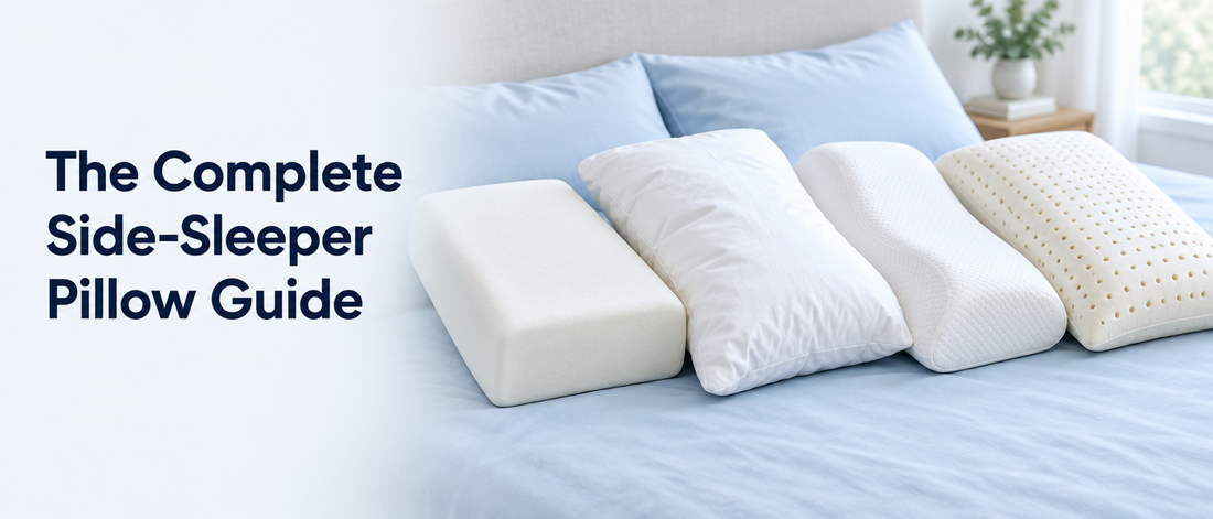 Four different pillow types lined up on a bed, with the text The Complete Side-Sleeper Pillow Guide