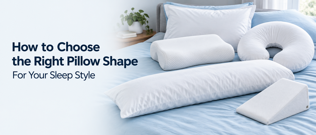 Different pillow shapes on a bed, with the text How to Choose the Right Pillow Shape for Your Sleep Style