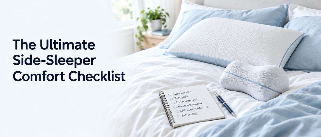 Tidy bed with a pillow, knee pillow and checklist notebook, with the text The Ultimate Side-Sleeper Comfort Checklist